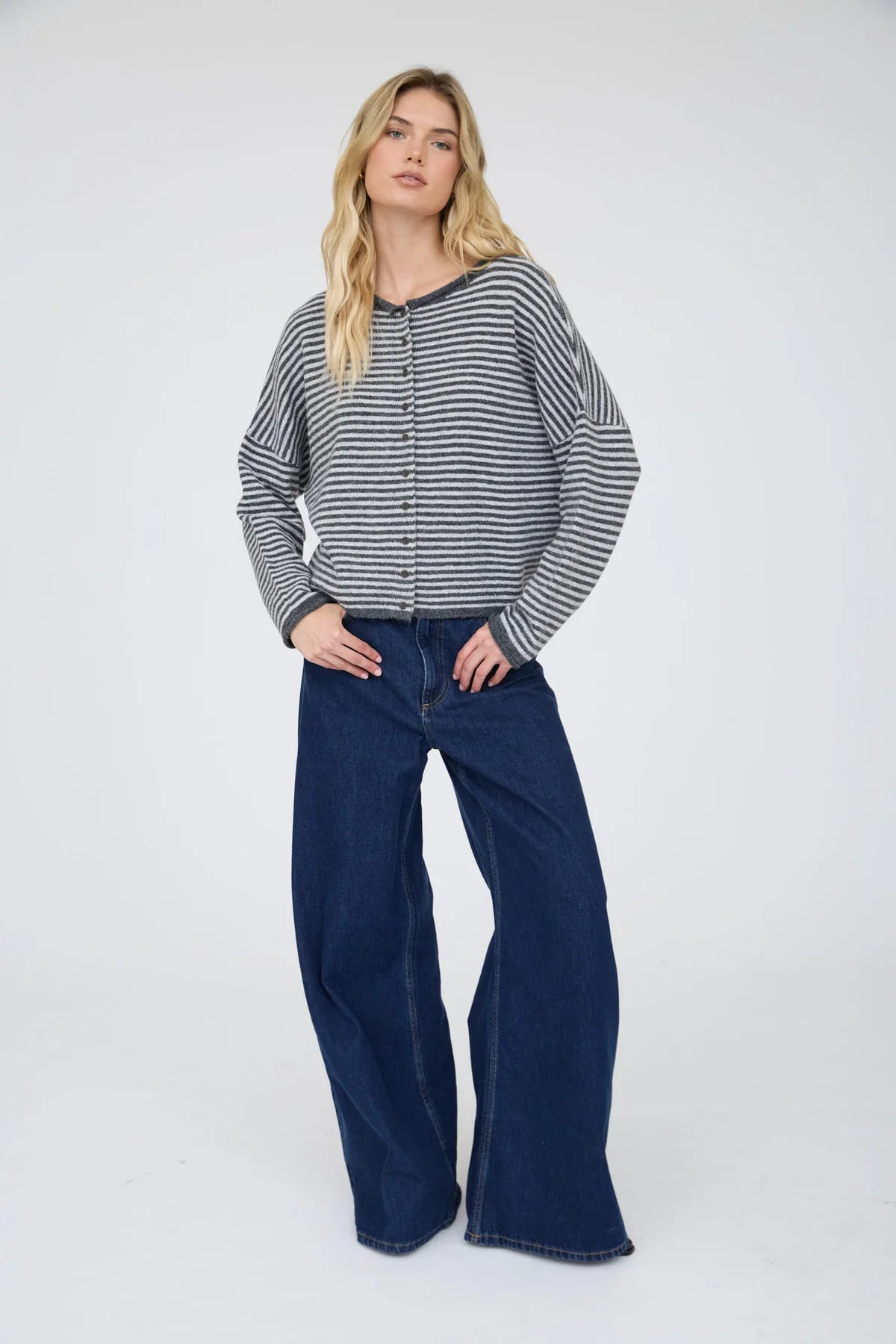 Stripe Drop Shoulder Raw Edge Cardigan