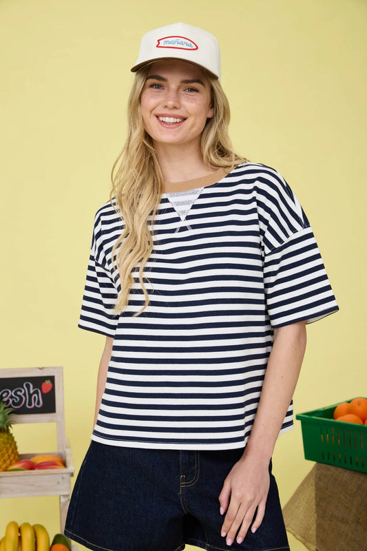 Drop Shoulder Stripe Tee with Contrast Detail
