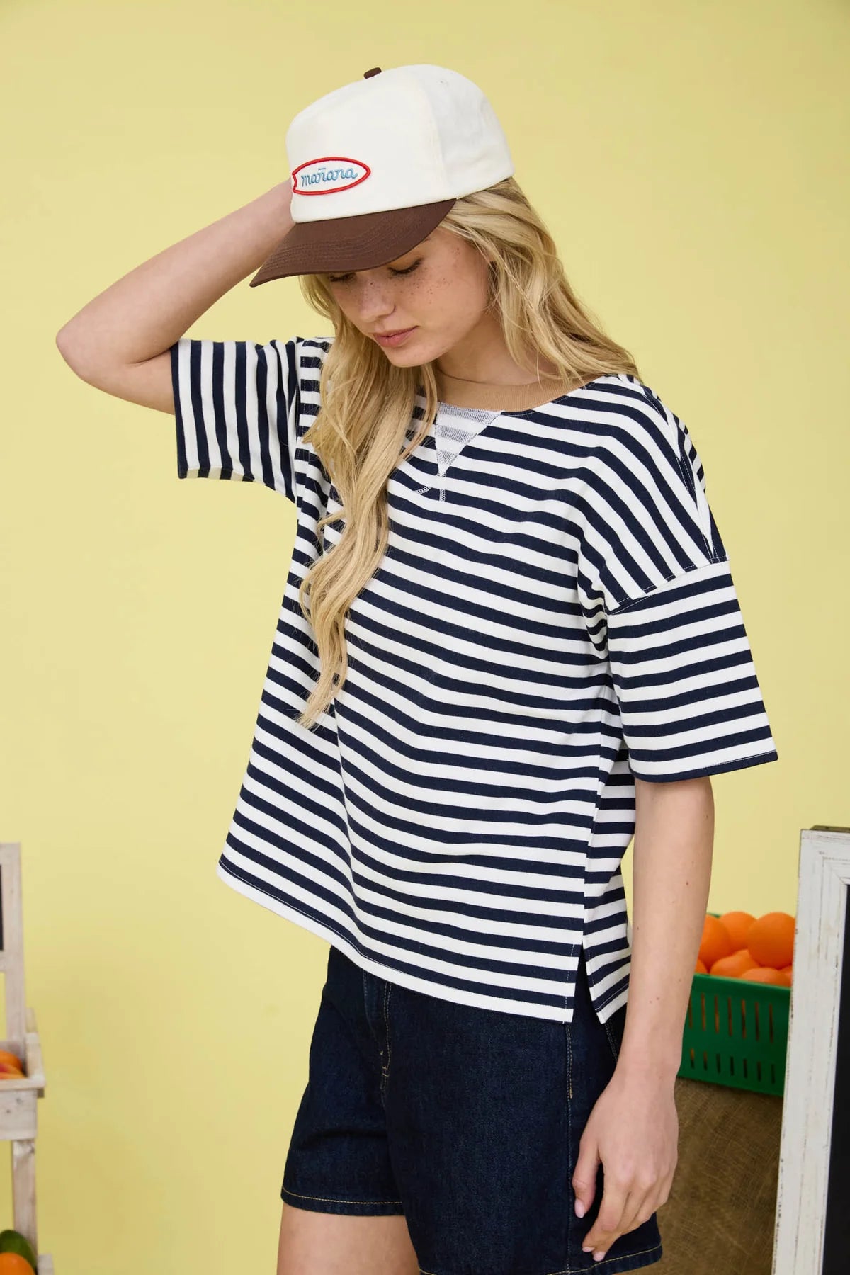 Drop Shoulder Stripe Tee with Contrast Detail