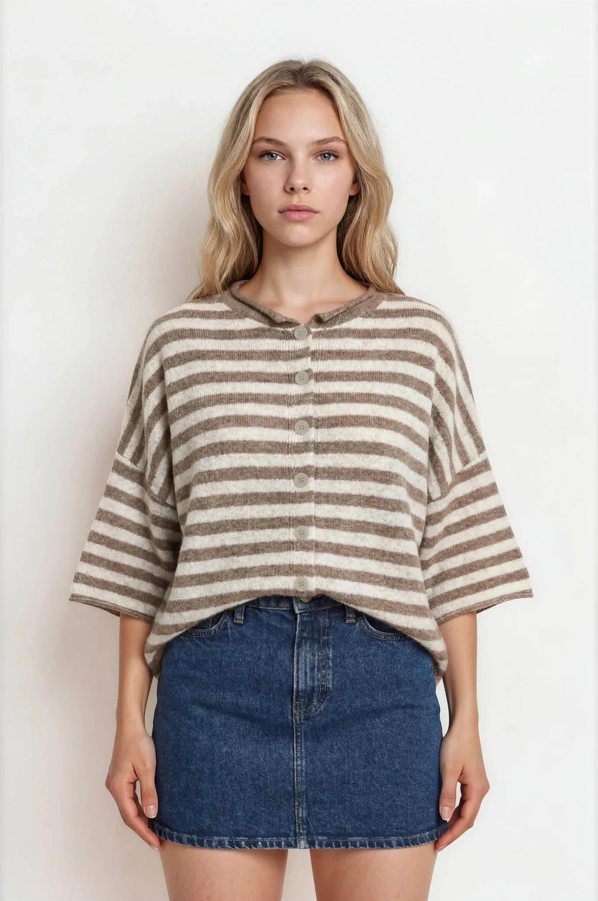 Raw Hem Short Sleeve Stripe Cardigan