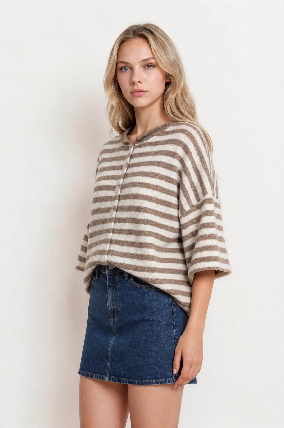 Raw Hem Short Sleeve Stripe Cardigan