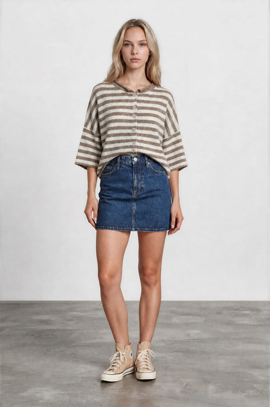 Raw Hem Short Sleeve Stripe Cardigan