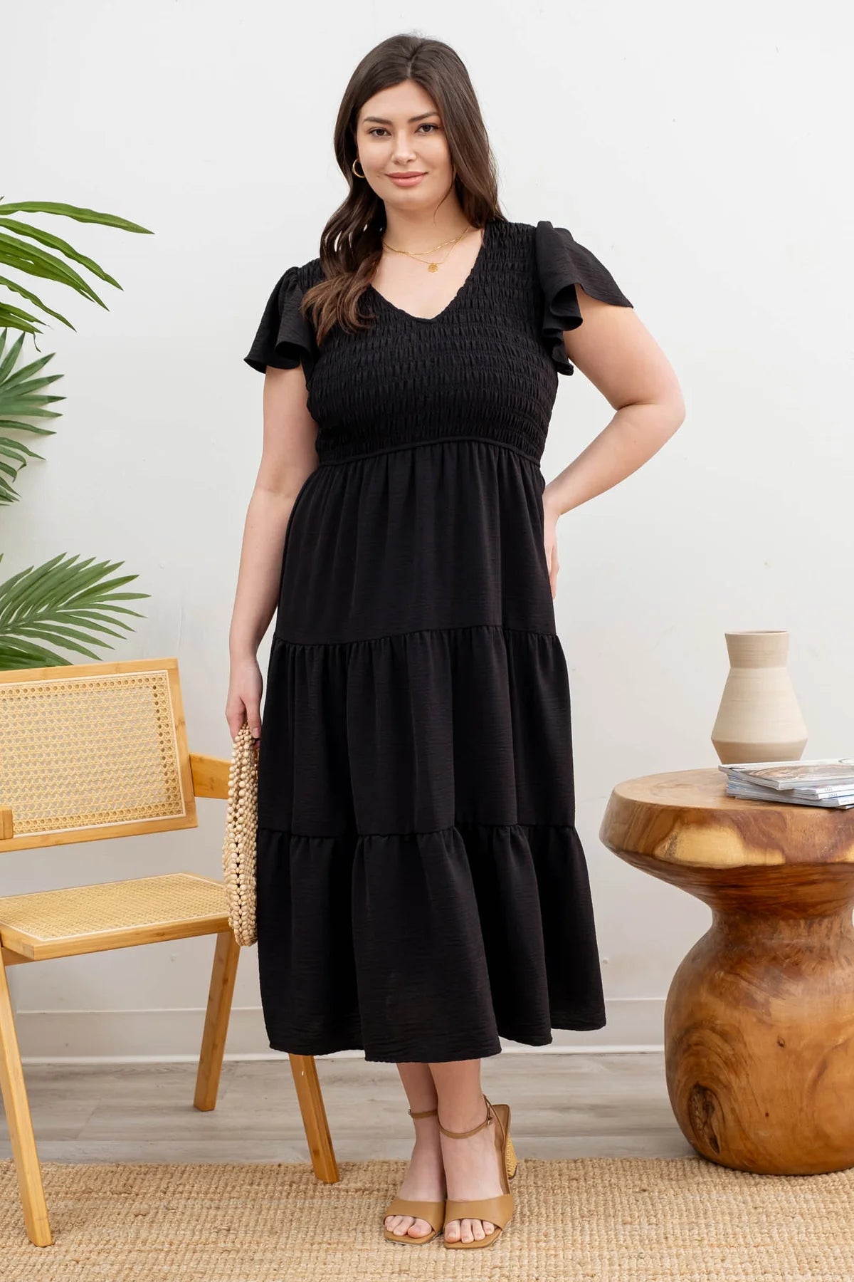 Curvy V Neck Flutter Sleeve Dress