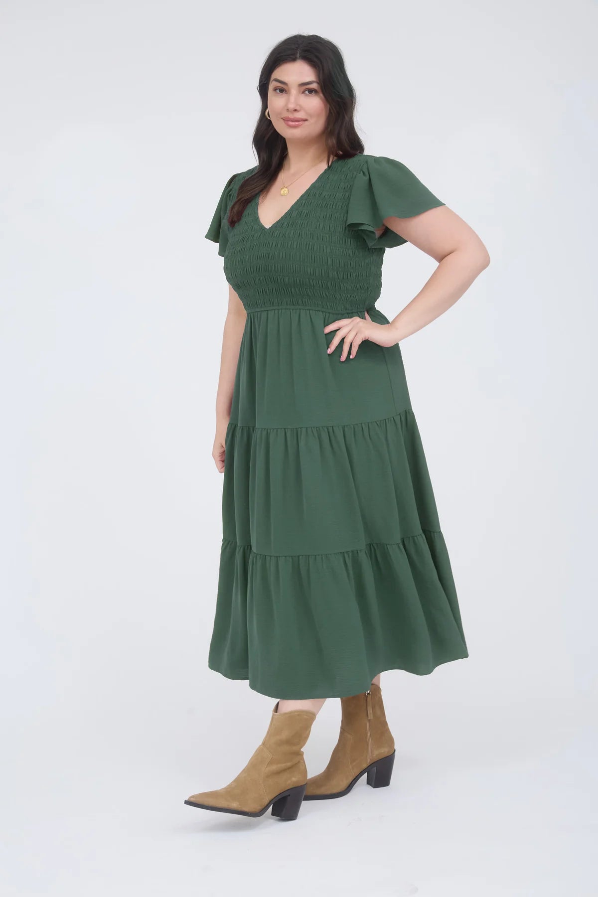 Curvy V Neck Flutter Sleeve Dress