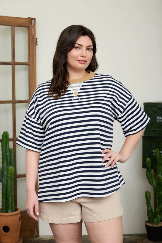 Curvy Drop Shoulder Stripe Tee with Contrast Detail