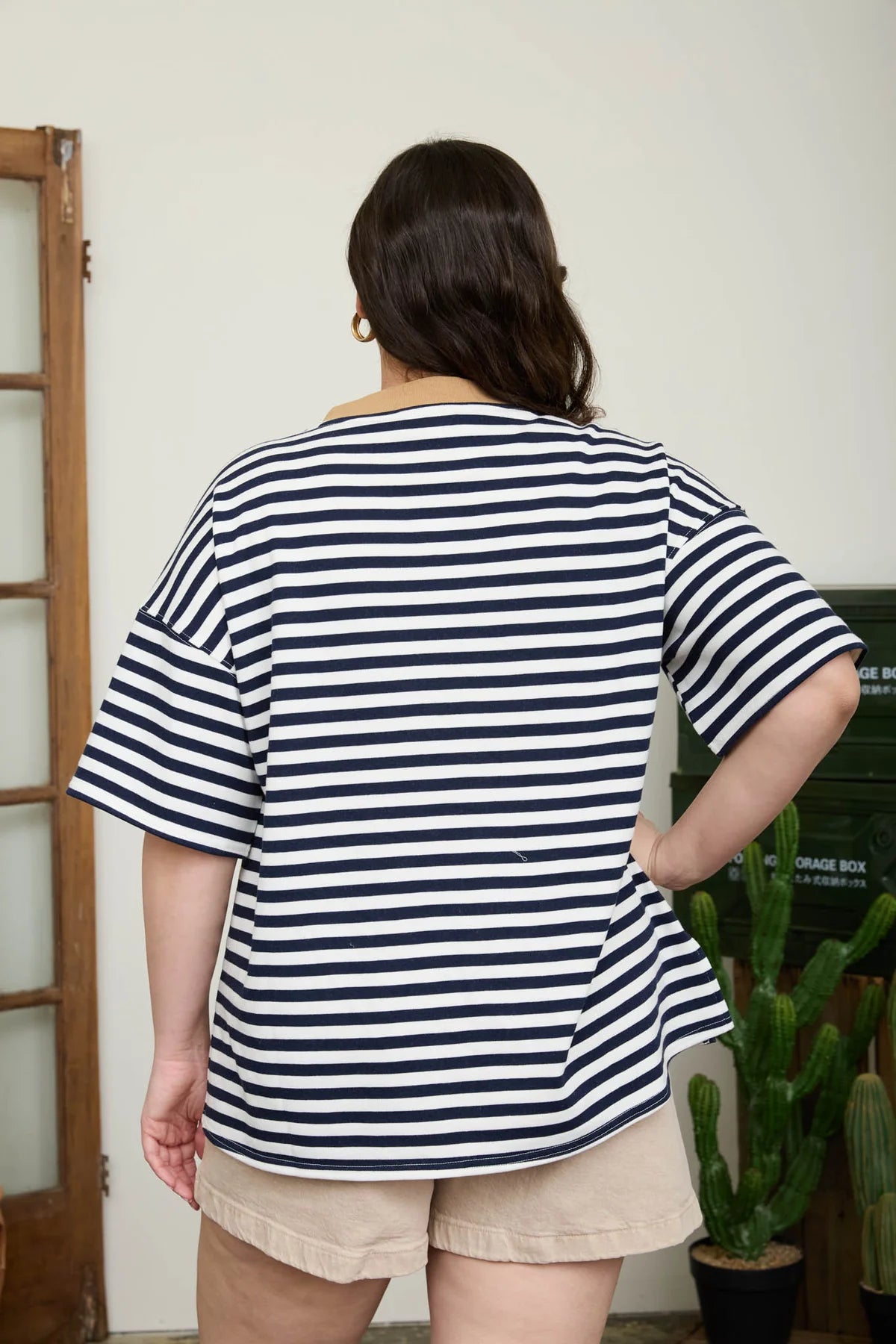 Curvy Drop Shoulder Stripe Tee with Contrast Detail