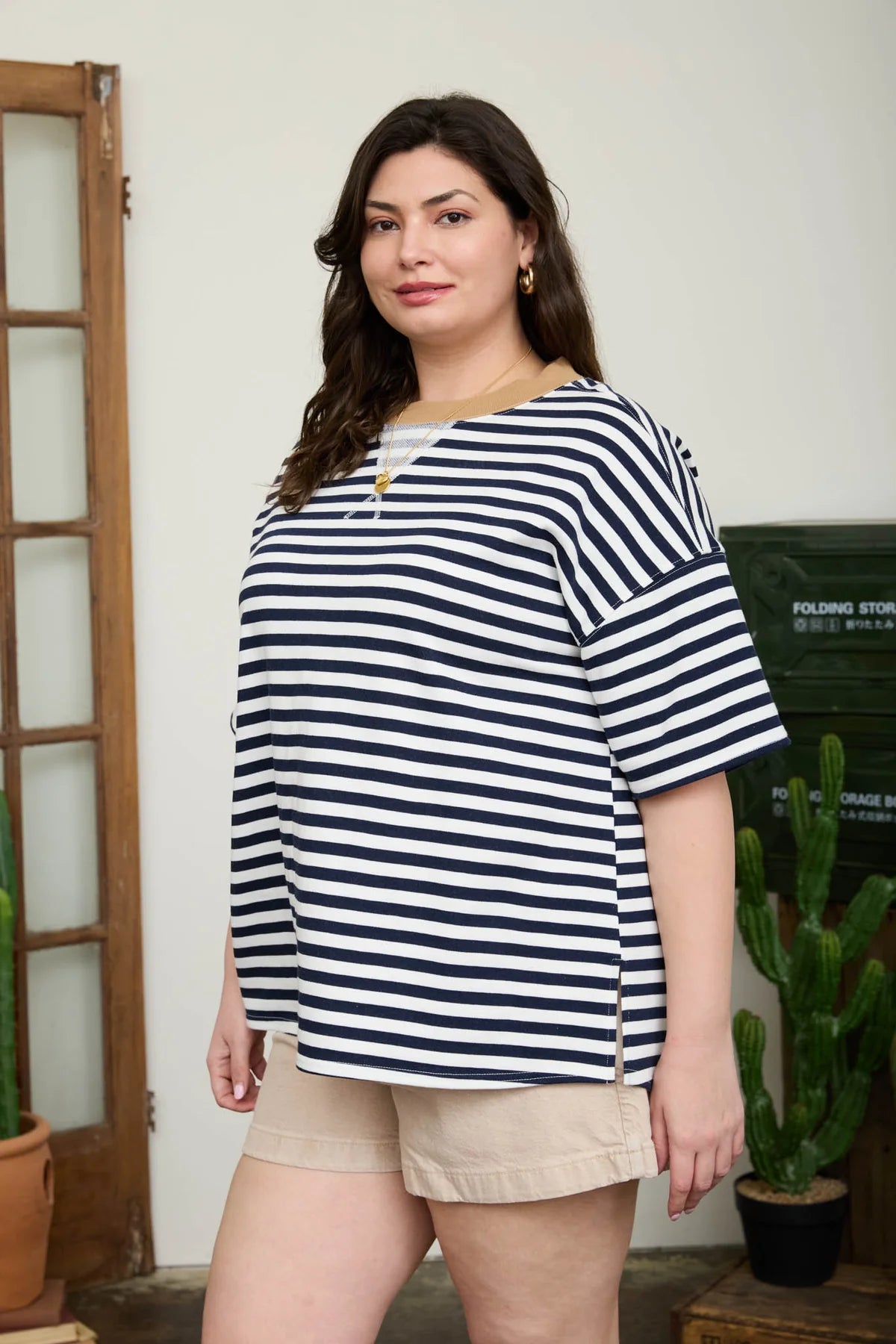Curvy Drop Shoulder Stripe Tee with Contrast Detail