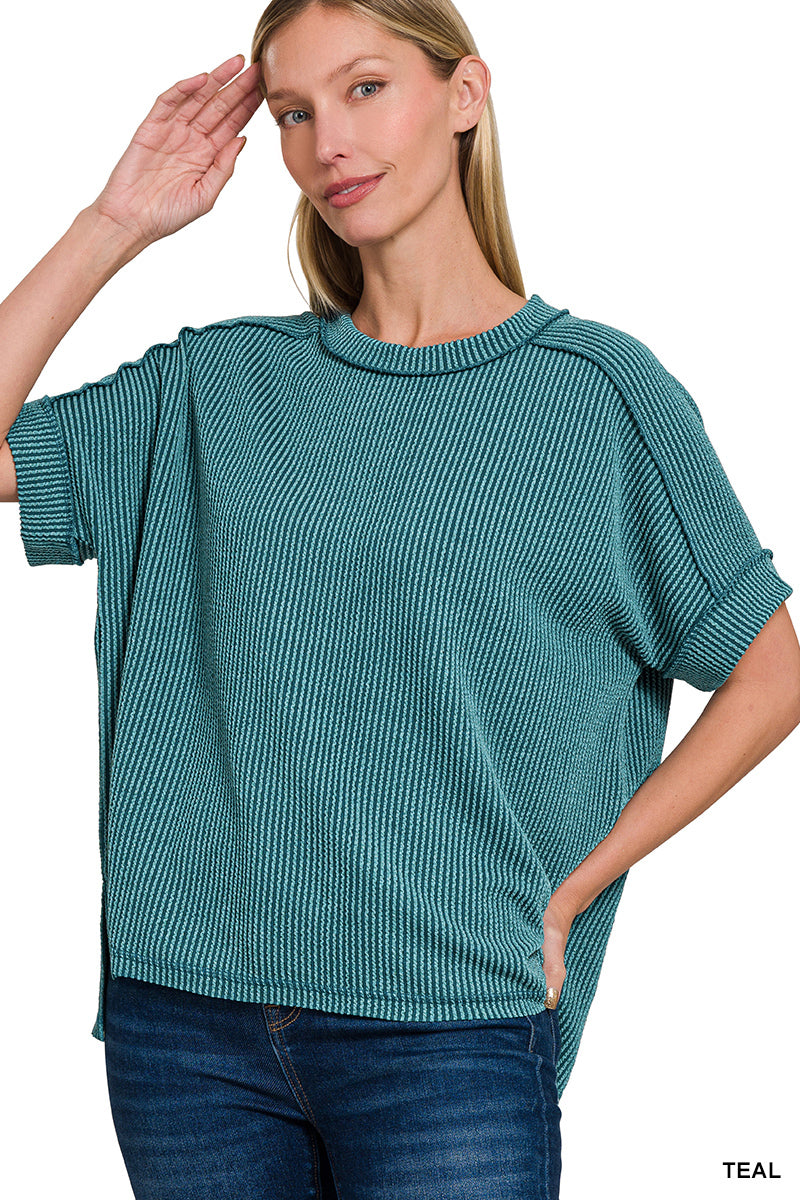 Raised Ribbed Cuff Sleeve Raw Edge Top