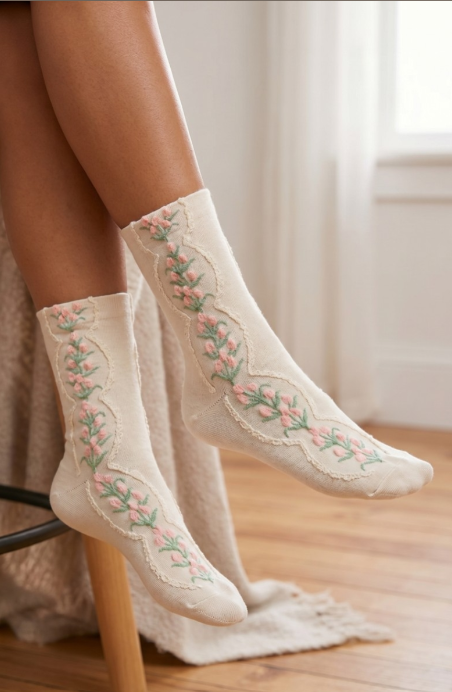 Floral Tulip Vine Embroidered Socks