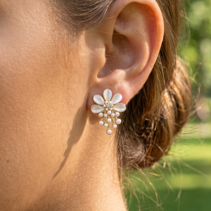Flower Stud Earring with Pearl Spray
