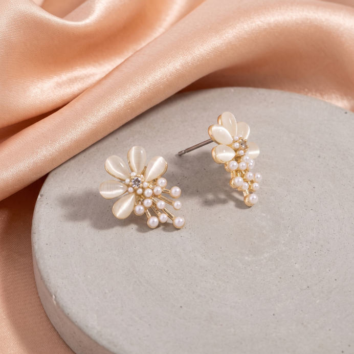 Flower Stud Earring with Pearl Spray