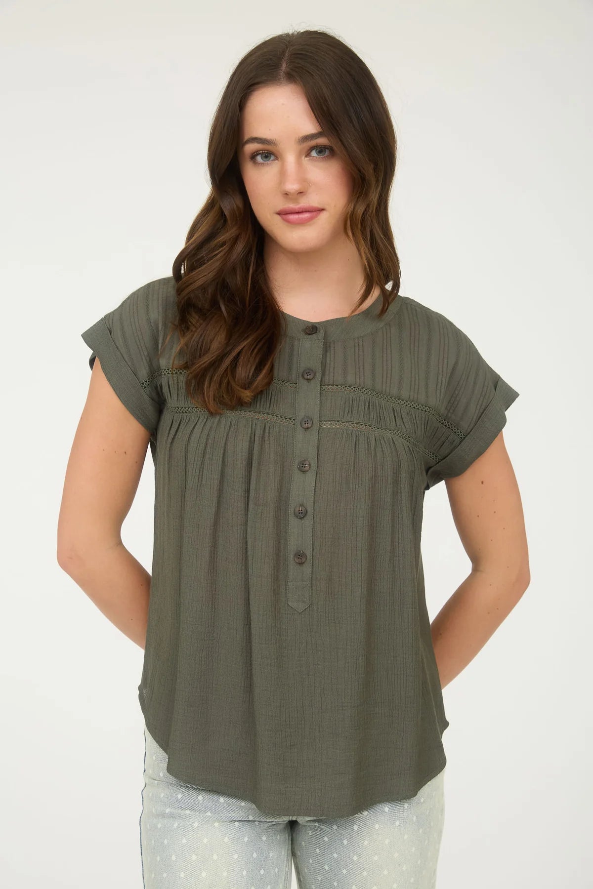 Eyelet Trim Half Button Short Sleeve Top