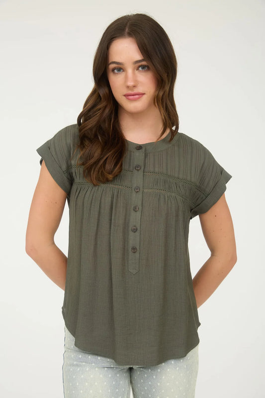Eyelet Trim Half Button Short Sleeve Top