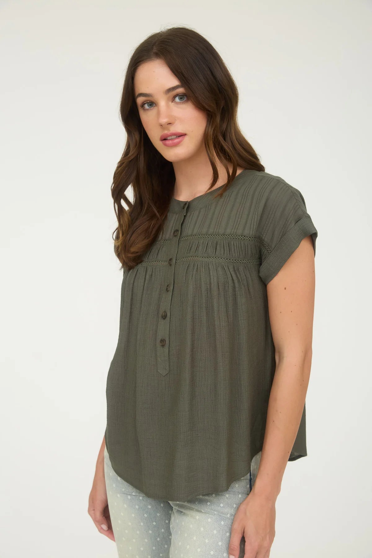 Eyelet Trim Half Button Short Sleeve Top