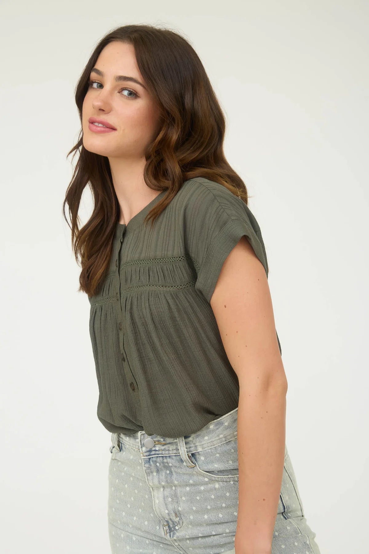 Eyelet Trim Half Button Short Sleeve Top