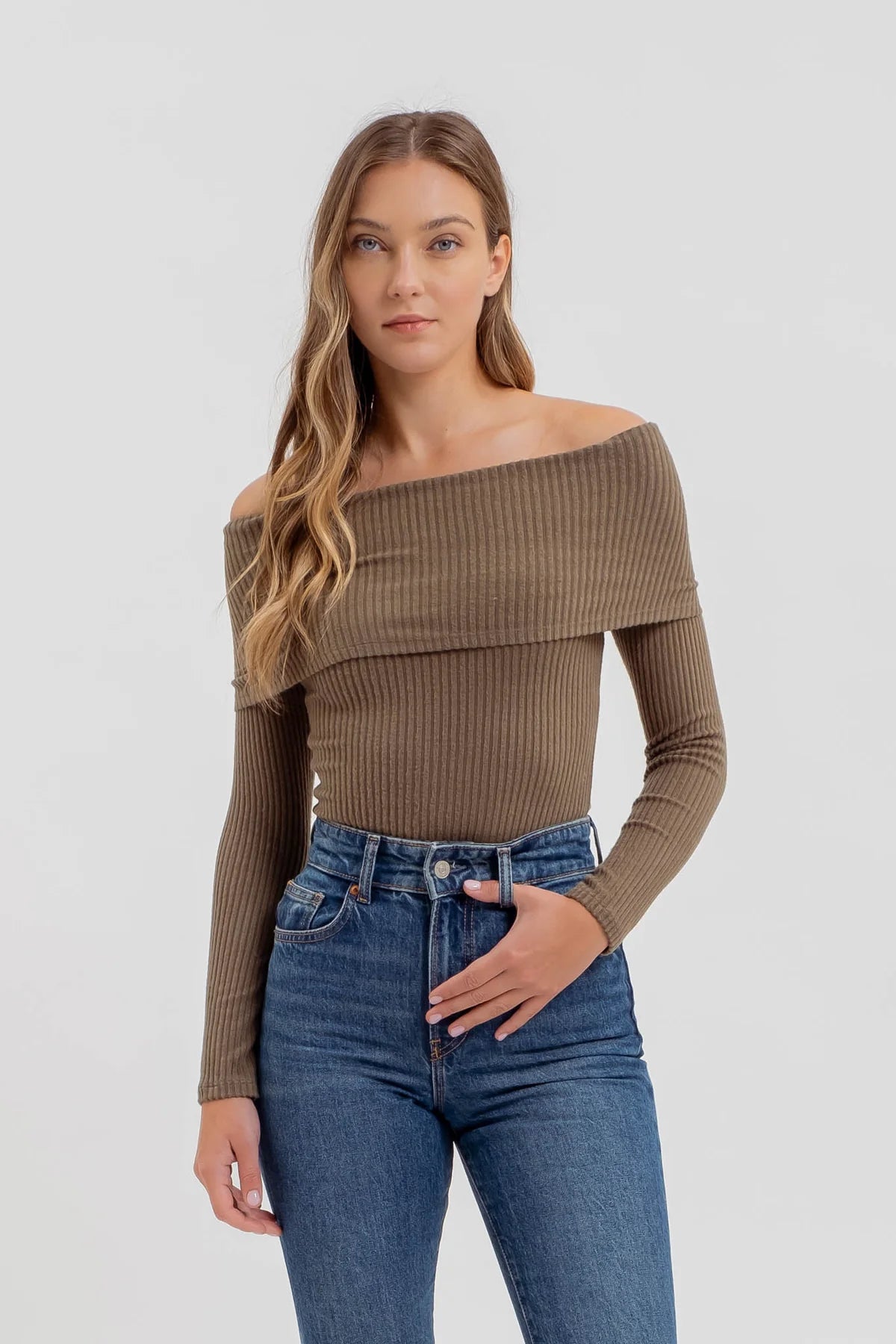Fold Over Off The Shoulder Long Sleeve Top