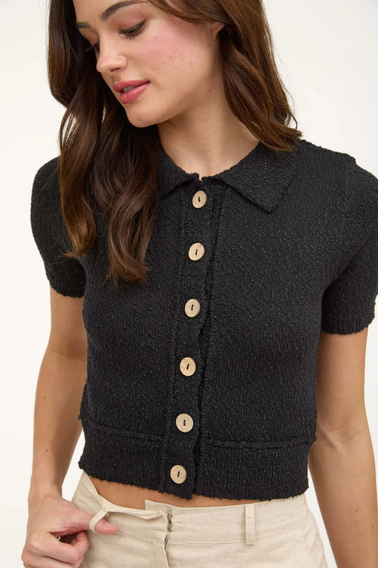 Texture Knit Collared Short Sleeve Sweater