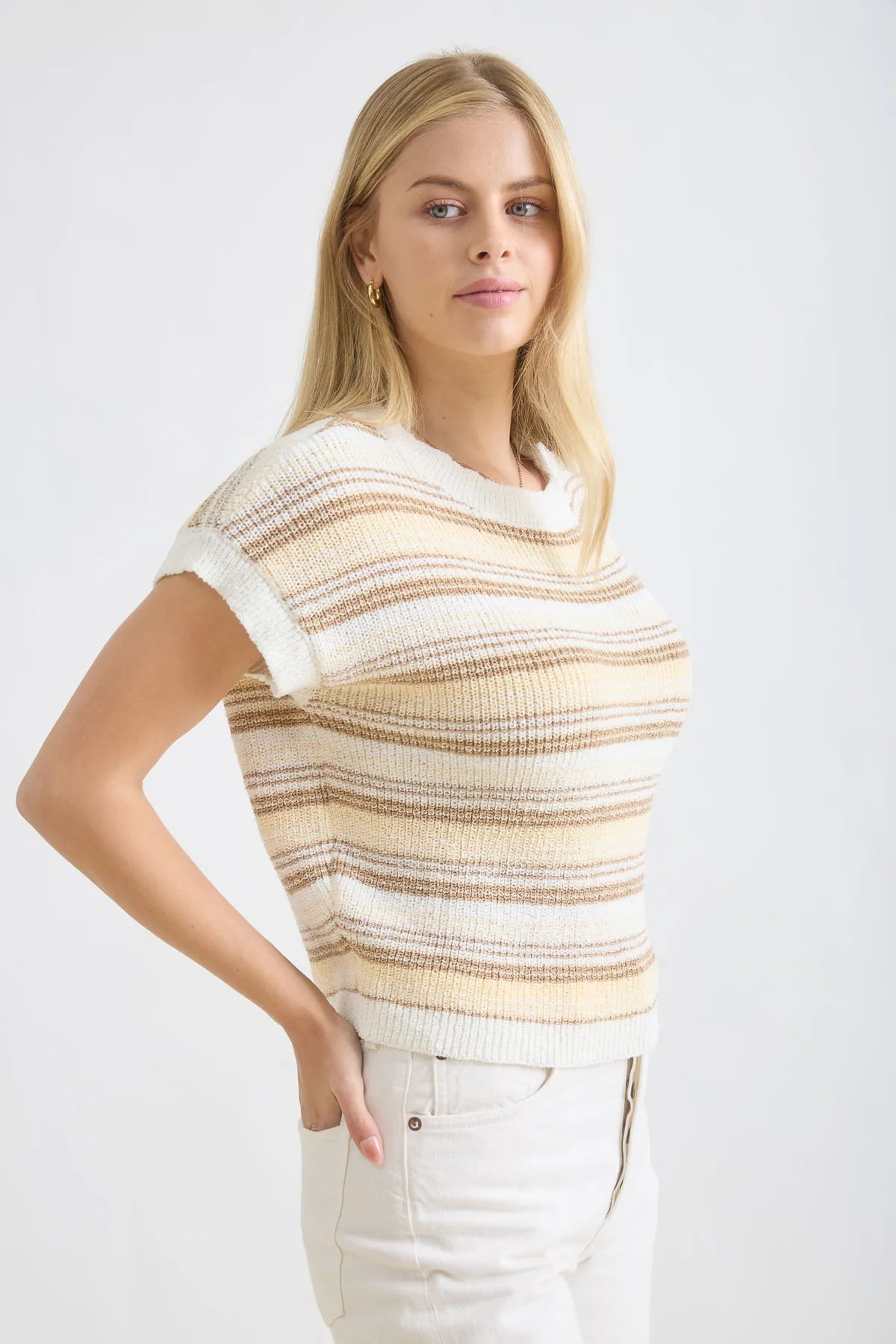Multi Color Stripe Short Sleeve Sweater