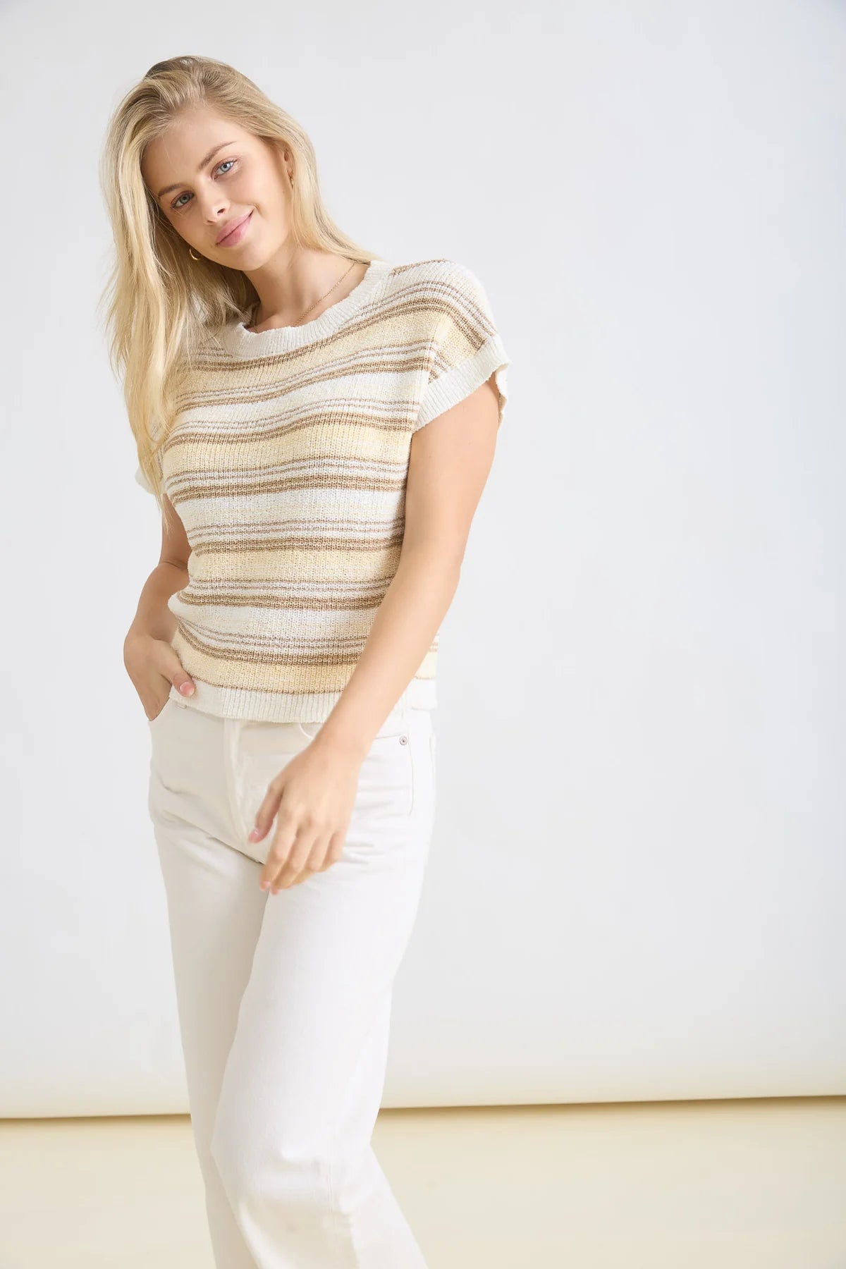 Multi Color Stripe Short Sleeve Sweater