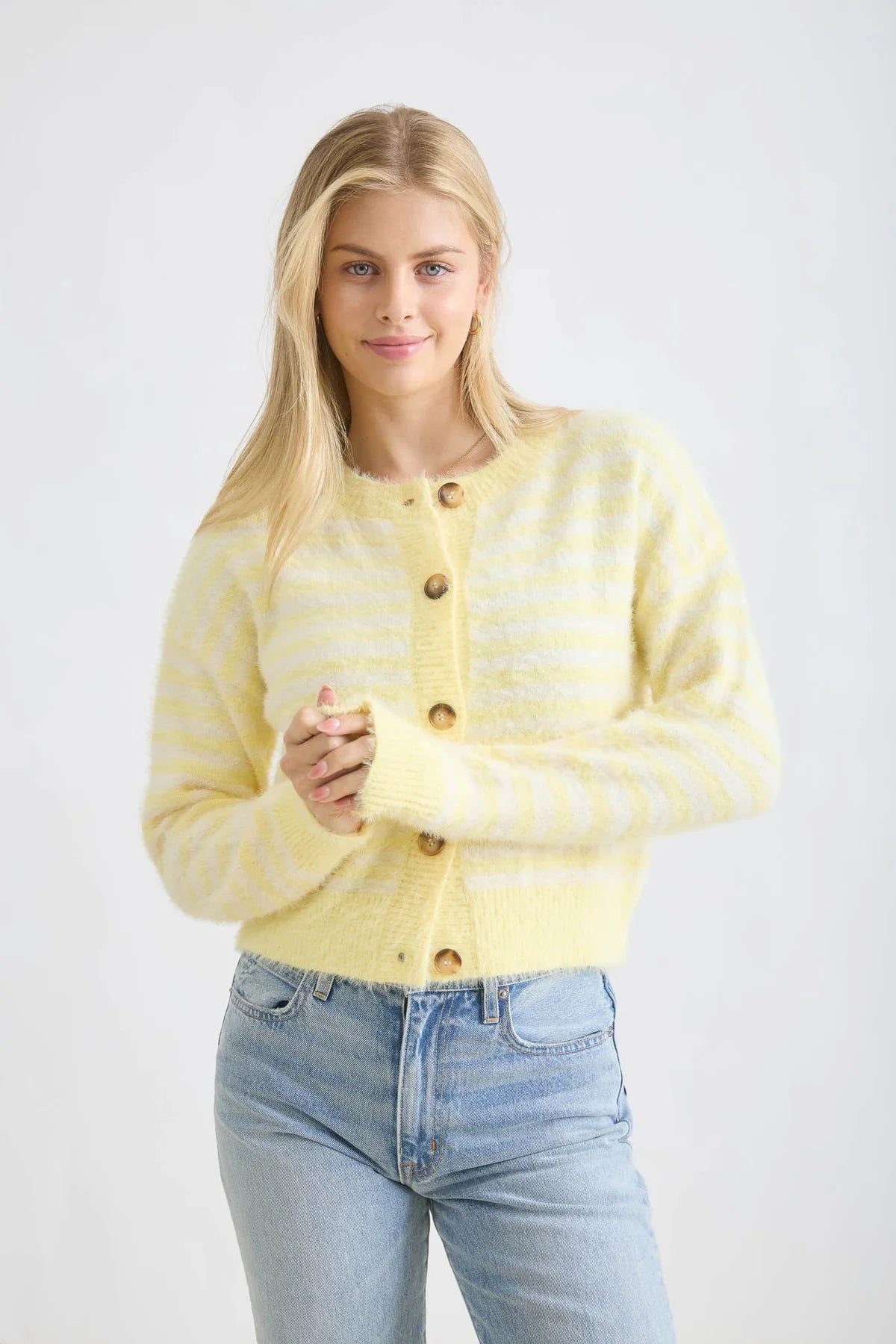 Fuzzy Stripe Round Neck Button Front Cardigan