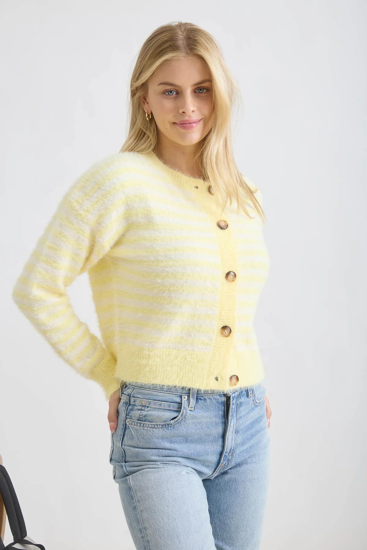 Fuzzy Stripe Round Neck Button Front Cardigan