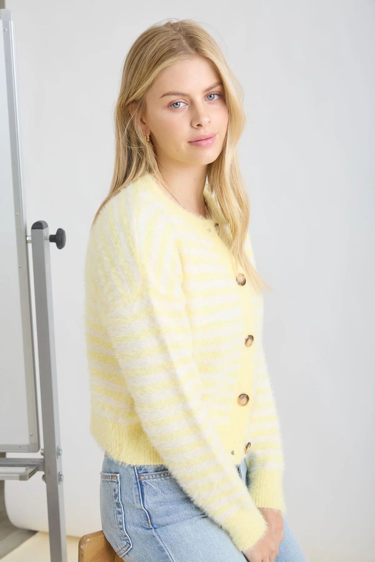 Fuzzy Stripe Round Neck Button Front Cardigan