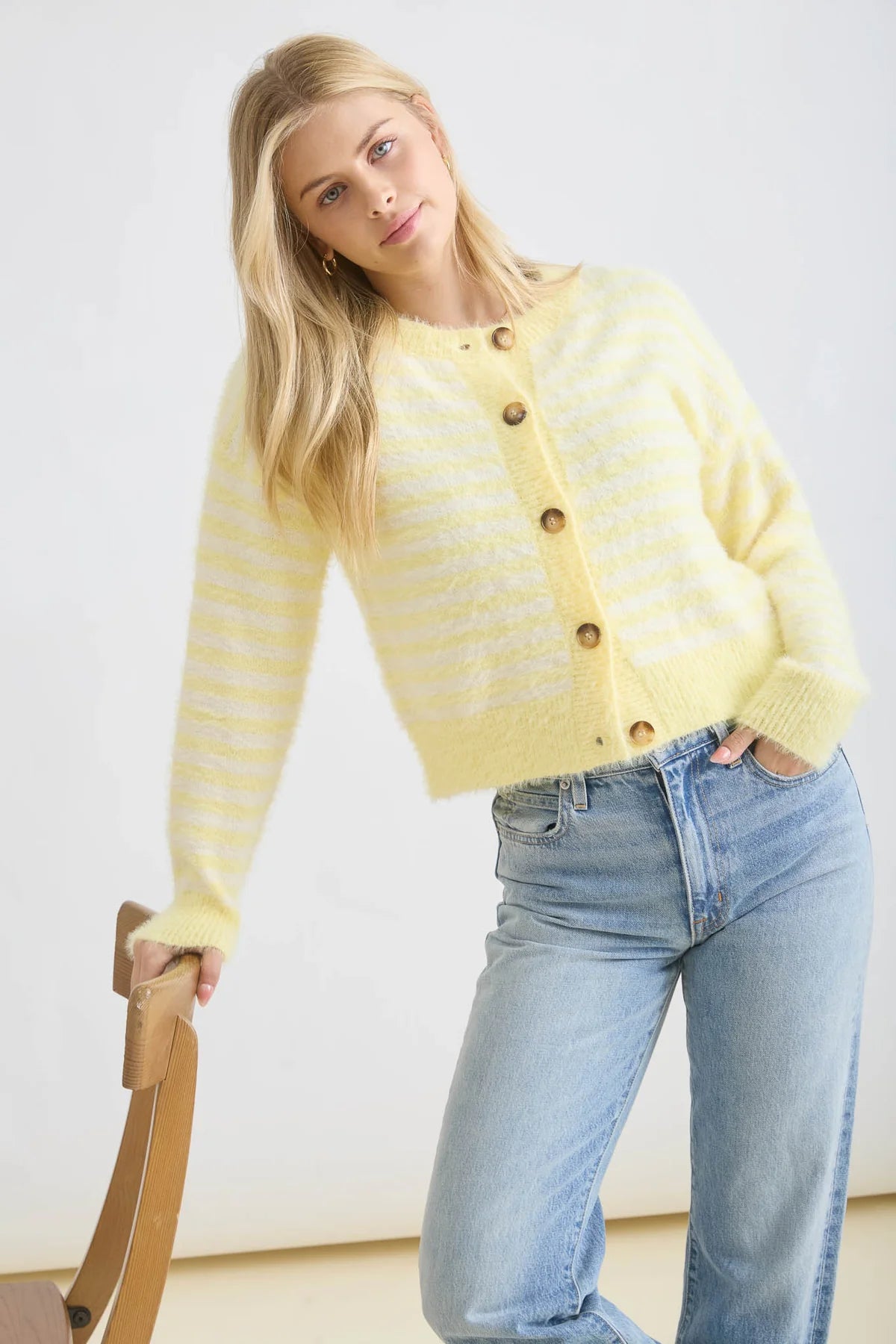 Fuzzy Stripe Round Neck Button Front Cardigan