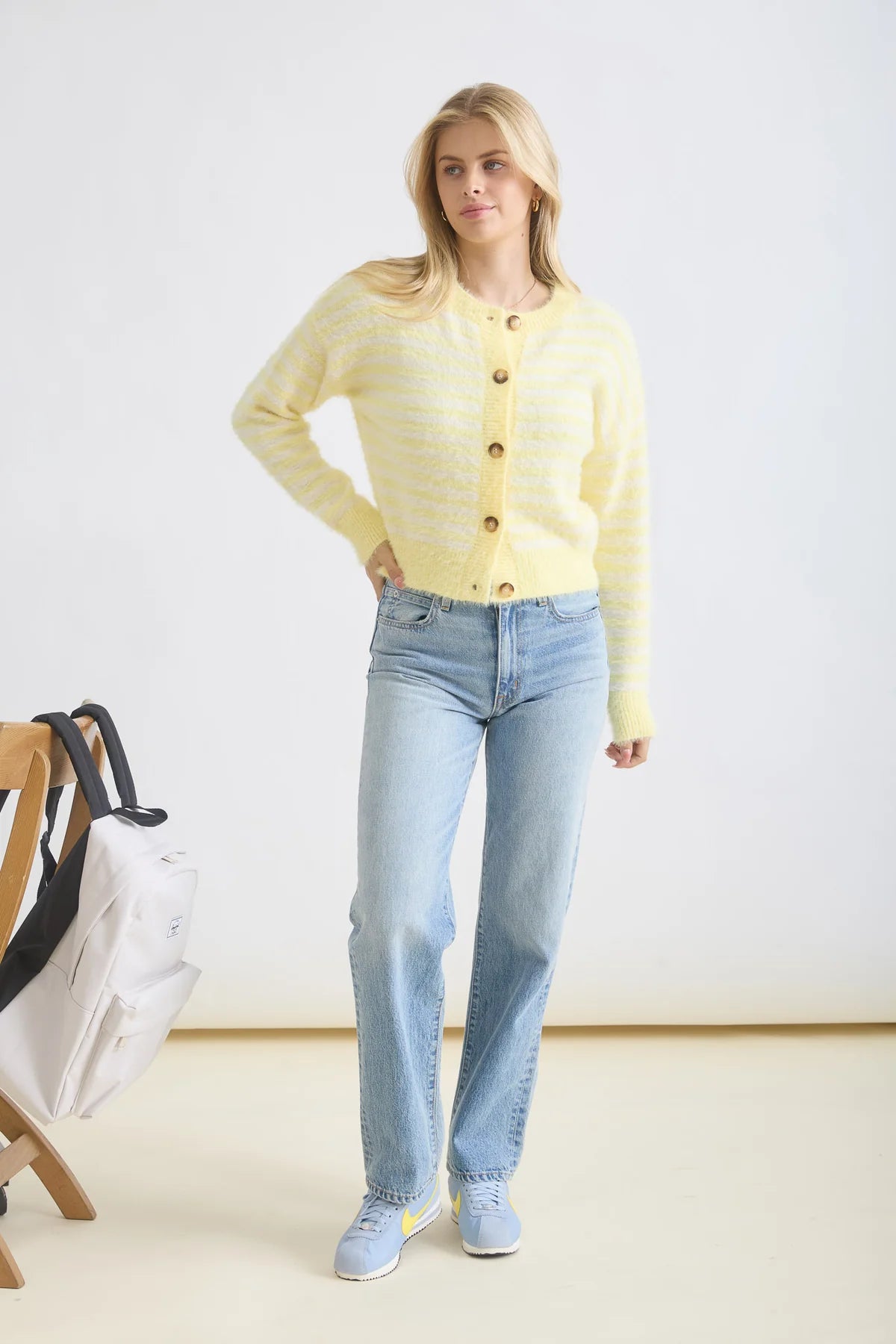 Fuzzy Stripe Round Neck Button Front Cardigan