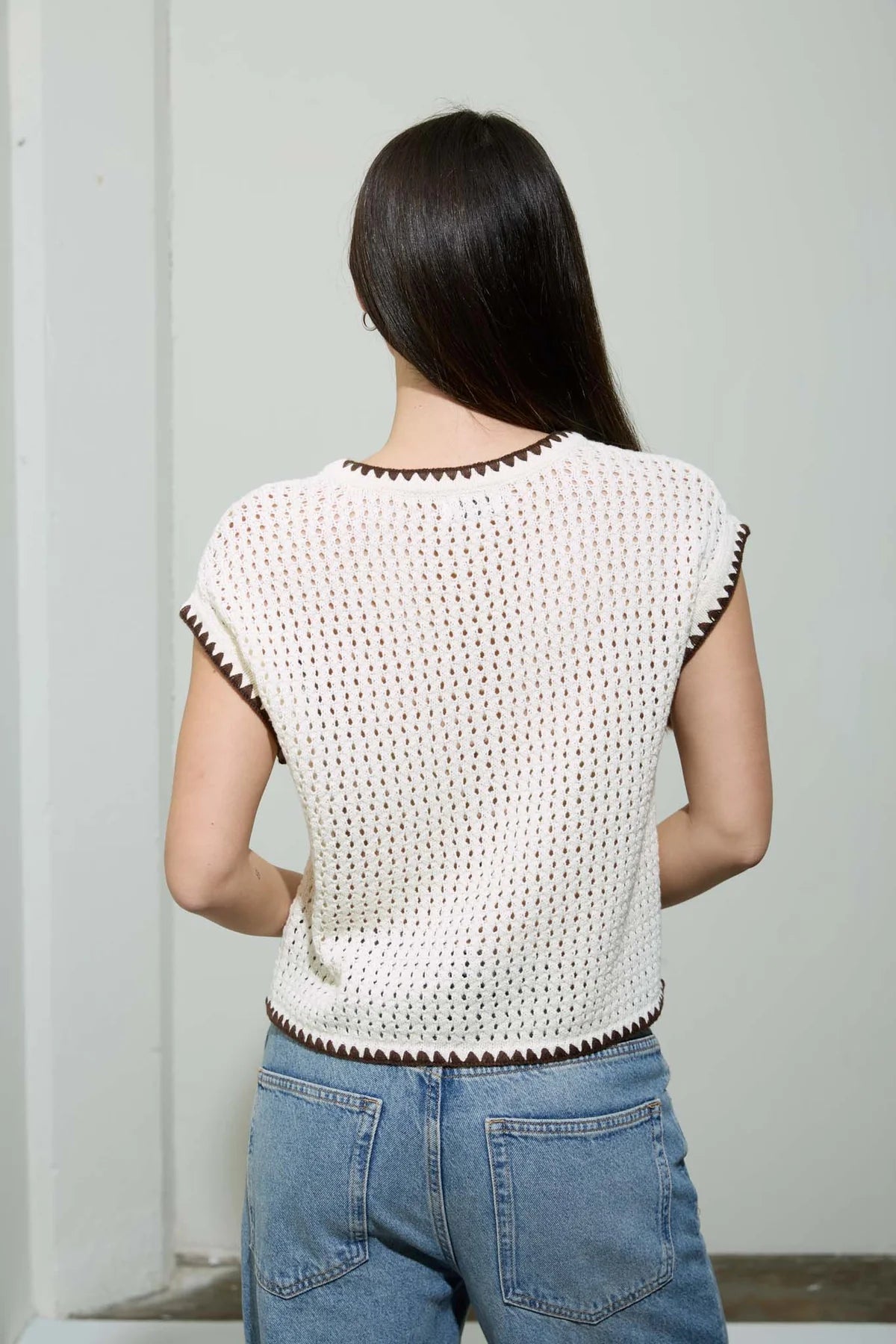 Contrast Stitch Crochet Knit Short Sleeve Cardigan