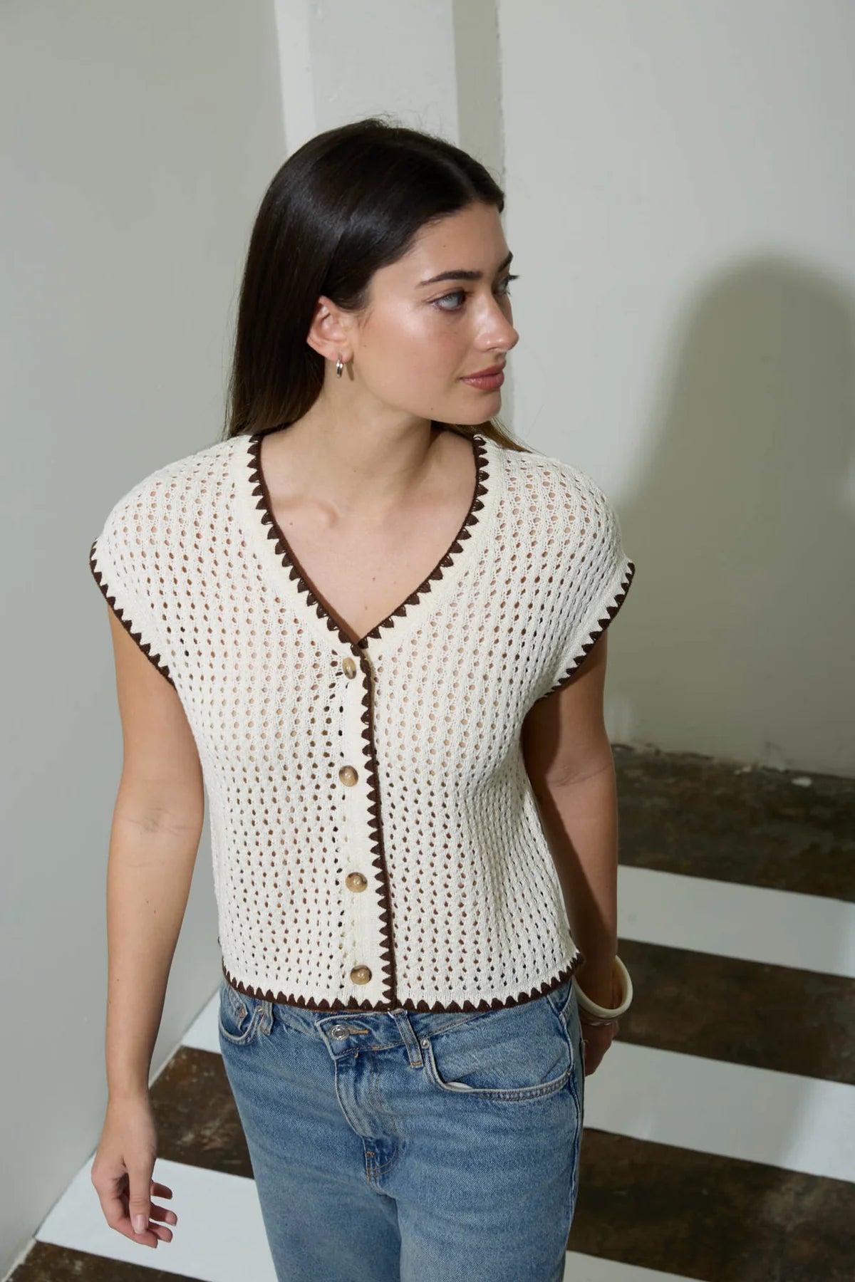 Contrast Stitch Crochet Knit Short Sleeve Cardigan