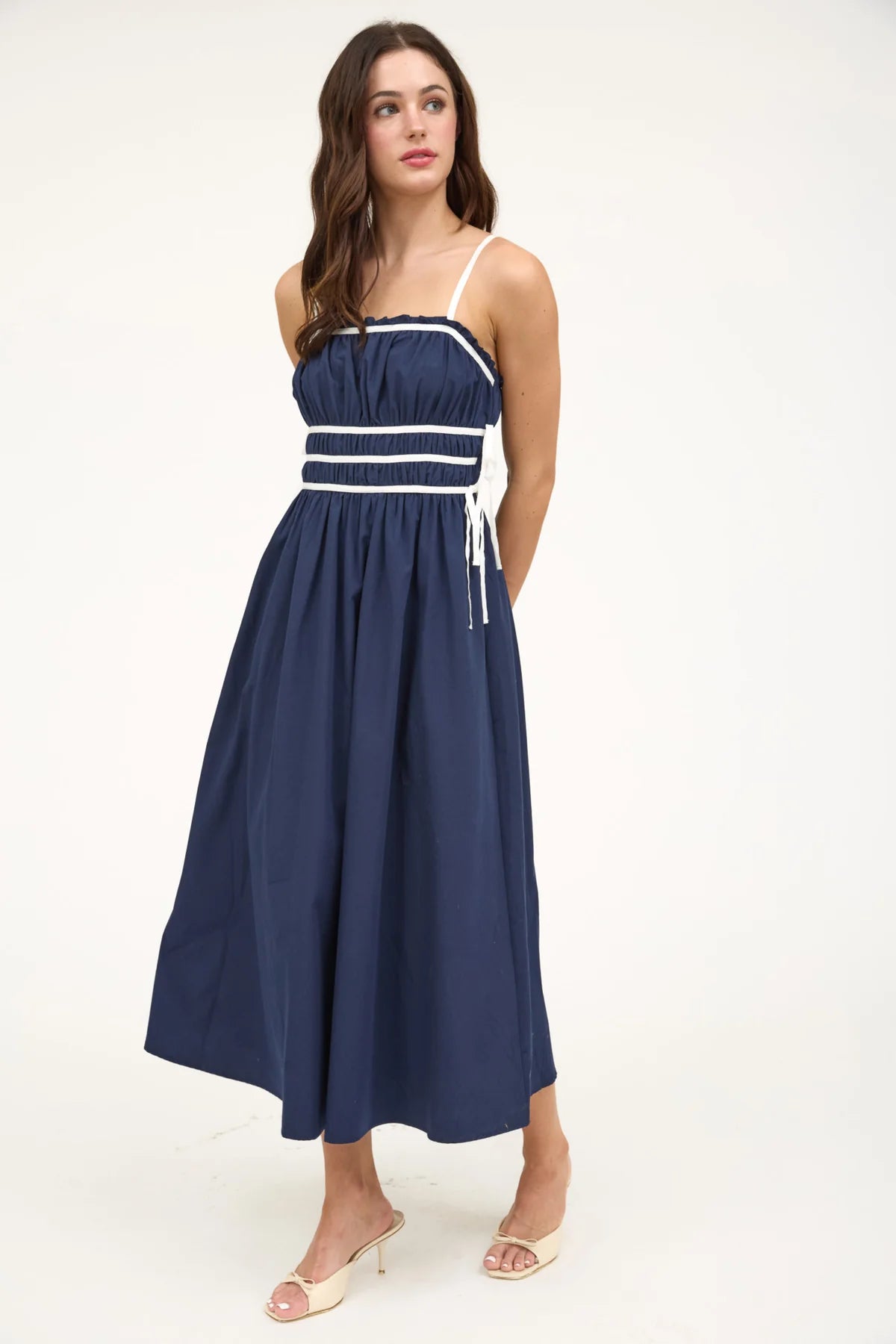 Ruched Ribbon Detail Spaghetti Strap Dress