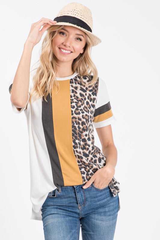 Solid and Animal Colored Blocked Short Sleeve Top