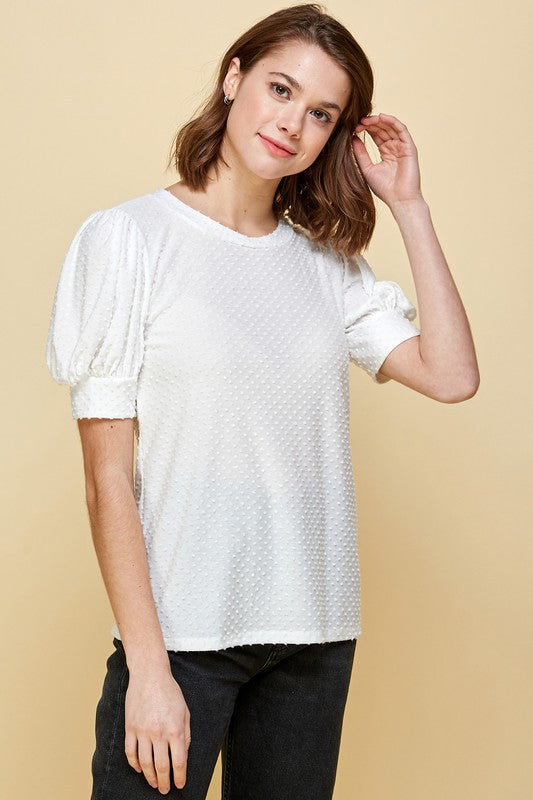 Solid Swiss Dot Top with Puffed Sleeves