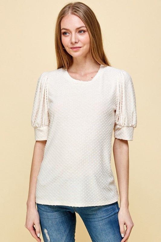 Solid Swiss Dot Top with Puffed Sleeves