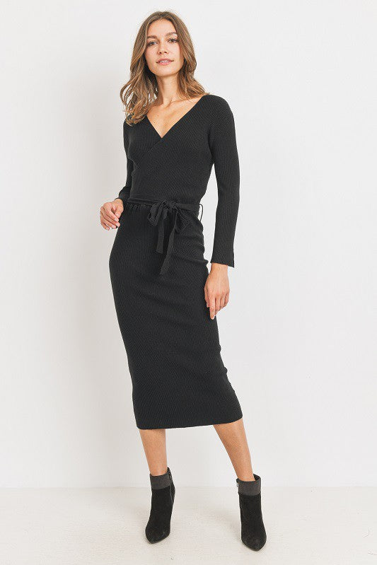 Fitted Knit Wrap Midi Dress Bodycon