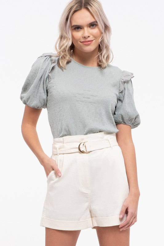 Eyelet Ruffle Puff Sleeve Tee