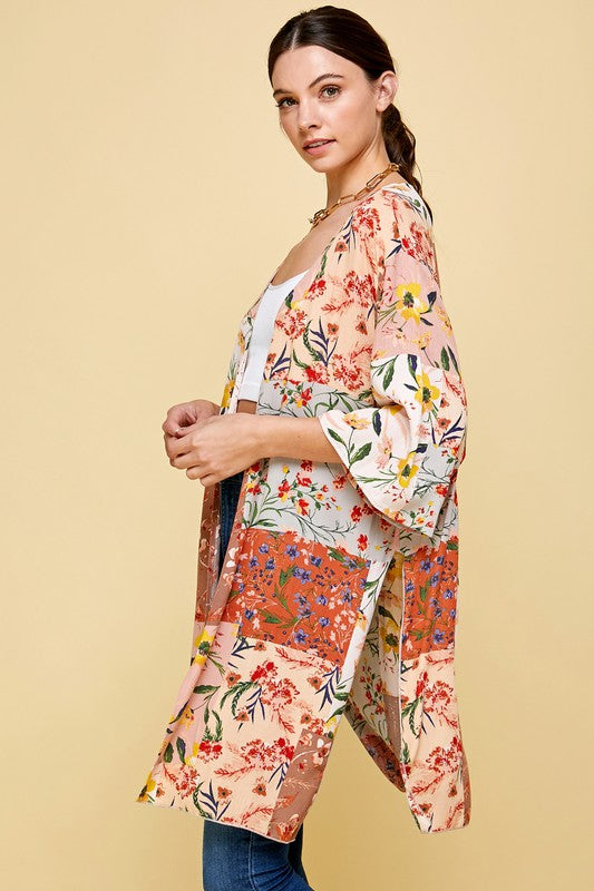 Floral Print Patchwork Kimono