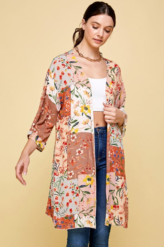 Floral Print Patchwork Kimono