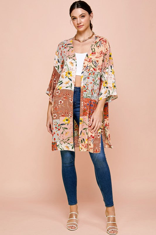 Floral Print Patchwork Kimono