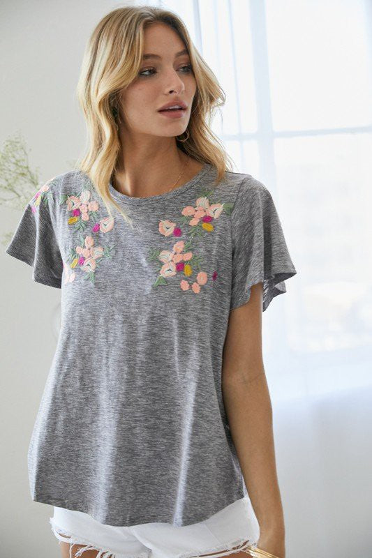 Floral Embroidery Flutter Sleeve Tee