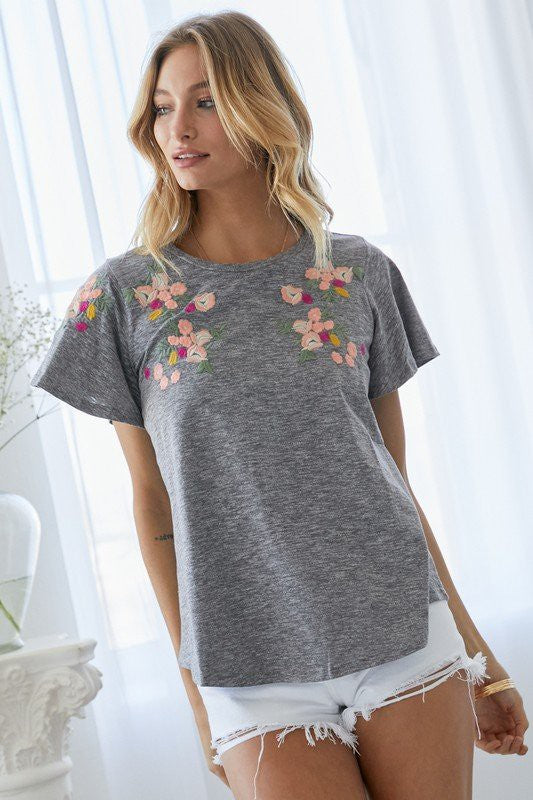 Floral Embroidery Flutter Sleeve Tee