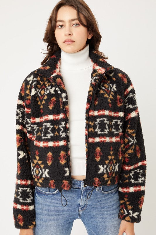 Full Zip -Up Printed Sherpa Fleece Sweater