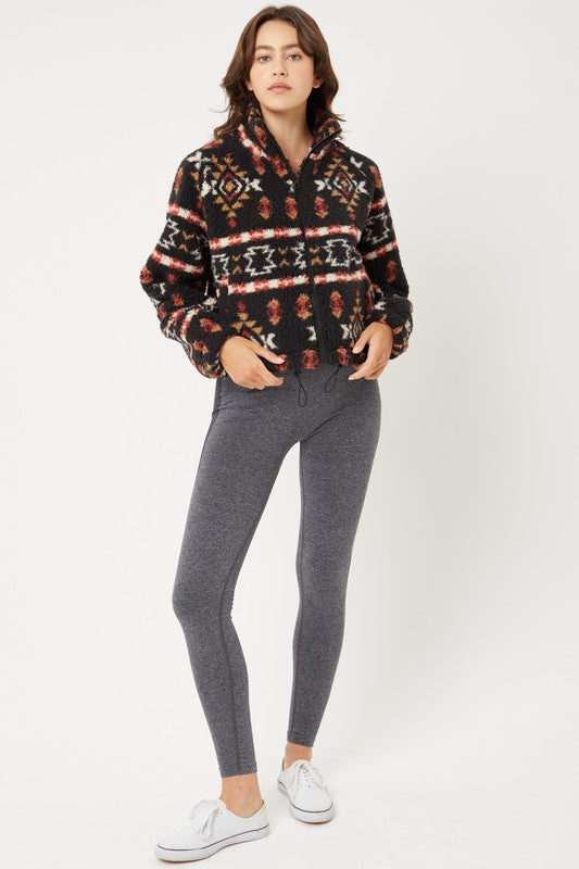 Full Zip -Up Printed Sherpa Fleece Sweater