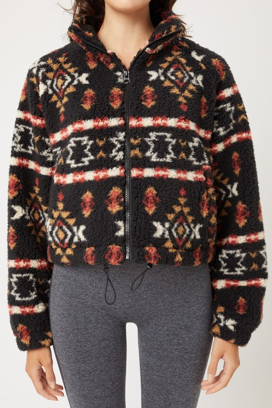 Full Zip -Up Printed Sherpa Fleece Sweater