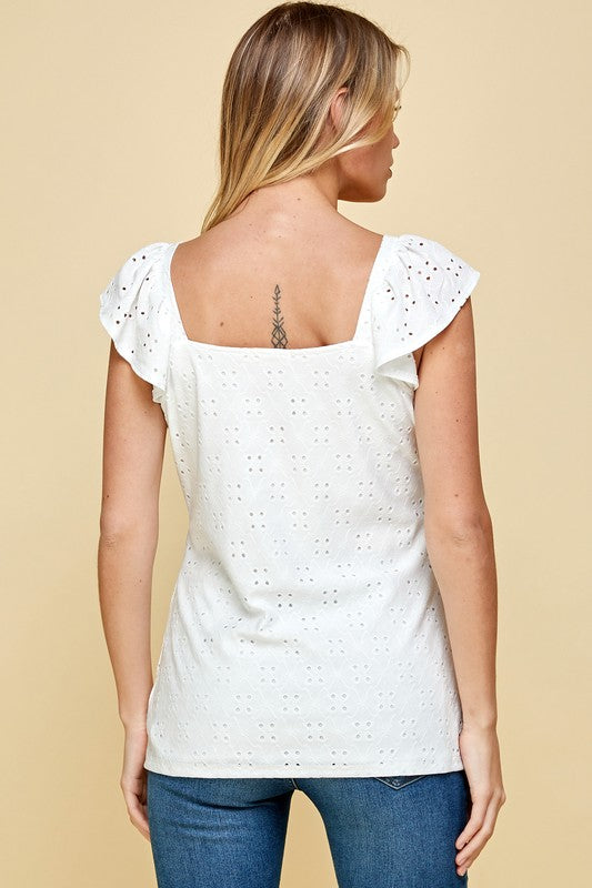 Square Neck Solid Eyelet Top
