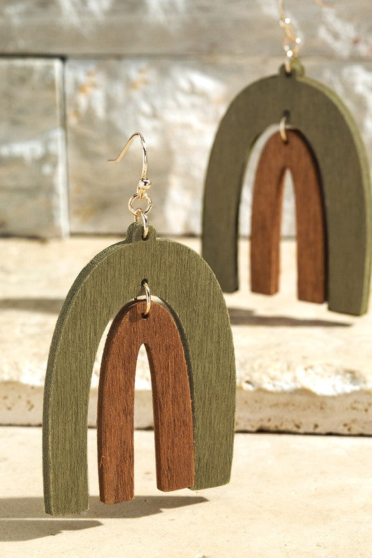 Two Tone Double Arch Wood Drop Earrings