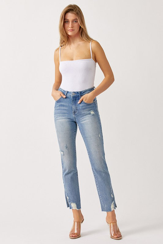 Mollie Distressed Straight Leg Jean with Side Slit