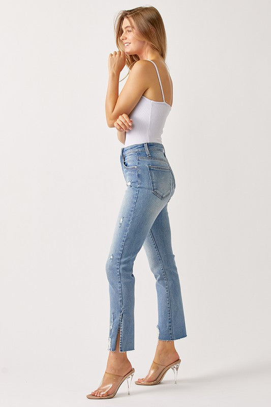 Mollie Distressed Straight Leg Jean with Side Slit