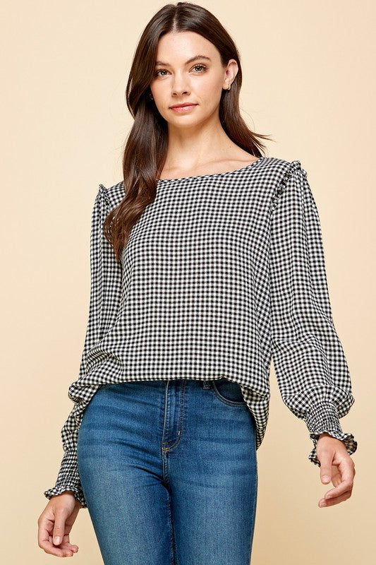 Ruffle Sleeve Checkered Top