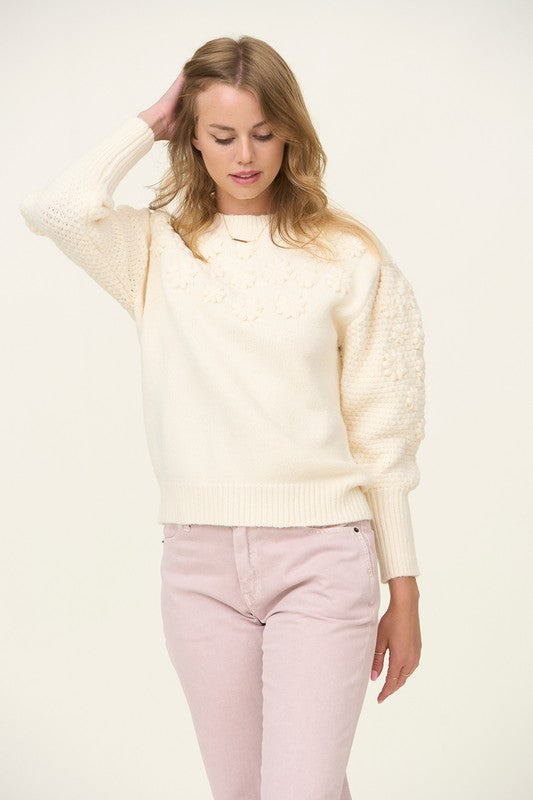 Embroidered Sweater with Puff Sleeves